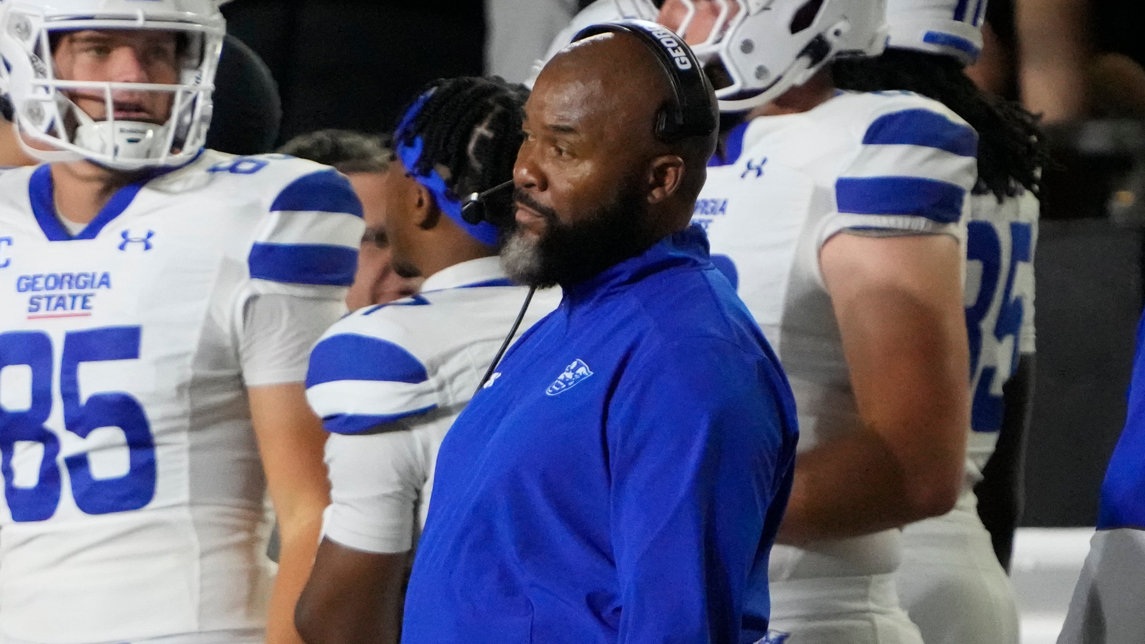 Georgia State head coach Dell McGee looks onto the field during the first half of an NCAA college football game against Vanderbilt, Saturday, Sept. 20, 2025, in Nashville, Tenn. (George Walker IV/AP)