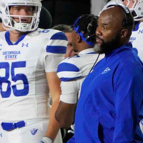 Georgia State head coach Dell McGee looks onto the field during the first half of an NCAA college football game against Vanderbilt, Saturday, Sept. 20, 2025, in Nashville, Tenn. (AP Photo/George Walker IV)