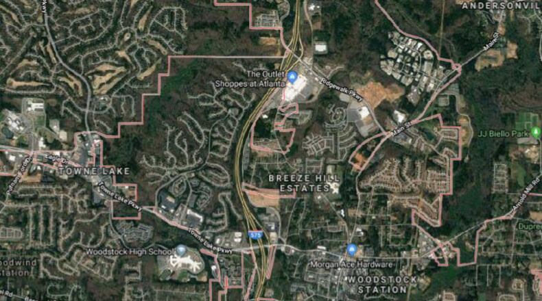 The interchanges of I-575 at Towne Lake and Ridgewalk parkways in Woodstock will be the subjects of “scoping” studies to determine improvements that could relieve traffic back-ups. GOOGLE MAPS