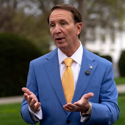 FILE - Louisiana Gov. Jeff Landry records a social media video outside the White House, Monday, March 24, 2025, in Washington. (AP Photo/Mark Schiefelbein, File)