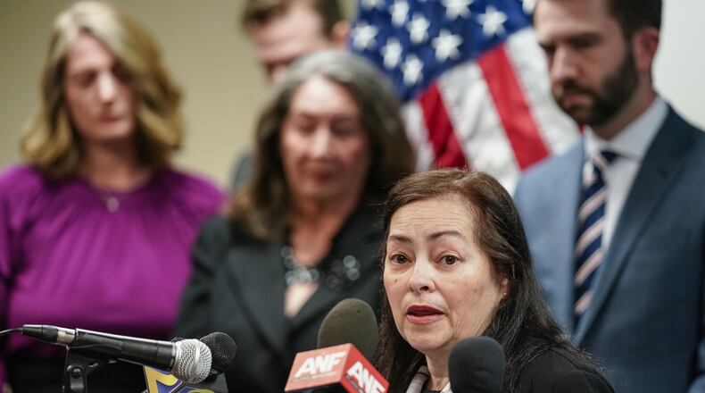 Athens-Clarke County District Attorney Deborah Gonzalez speaks during a press conference on May 13, 2024, in Decatur. Gonzalez is asking the Georgia Supreme Court to hold that she and other district attorneys are immune from Open Records Act requests. (Elijah Nouvelage for The Atlanta Journal-Constitution)