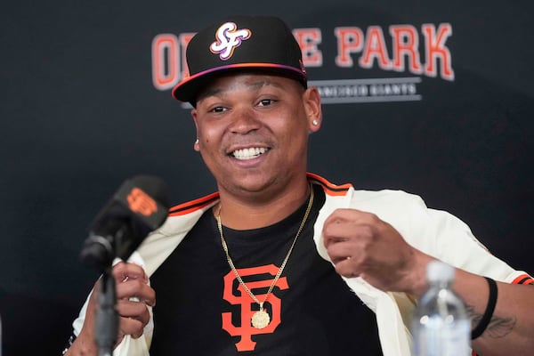 San Francisco Giants' Rafael Devers speaks at a news conference before a baseball game against the Cleveland Guardians in San Francisco, Tuesday, June 17, 2025. (AP Photo/Jeff Chiu)