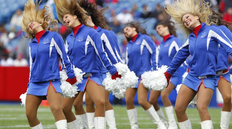Buffalo Bills cheerleaders perform before a game against the Kansas City Chiefs in an NFL football game in Orchard Park, N.Y. Sunday, Nov. 3, 2013. Kansas City won 23-13. (AP Photo/Bill Wippert)