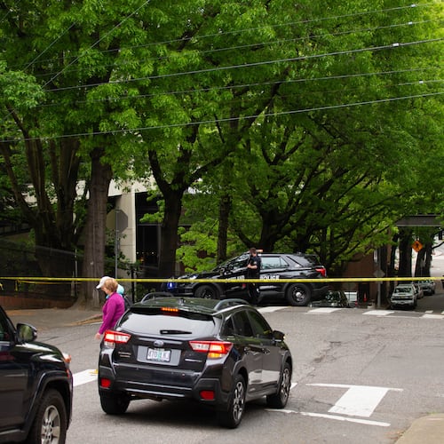 Police shut down the block surrounding the Multnomah Athletic Club in Northwest Portland, Ore., on Saturday, May 2, 2026. (Allison Barr/The Oregonian via AP)