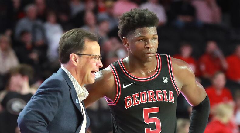 Georgia coach Tom Crean confers with guard Anthony Edwards during game action against Texas A&M in a 63-48 Georgia victory during a NCAA college basketball game on Saturday, Feb. 1, 2020, in Athens. Curtis Compton ccompton@ajc.com