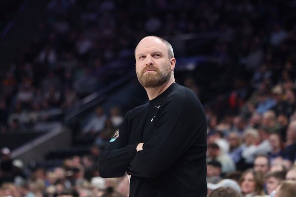 Memphis Grizzlies head coach Taylor Jenkins looks on during the first half of an NBA basketball game against the Utah Jazz, Tuesday, March 25, 2025, in Salt Lake City. (AP Photo/Rob Gray)
