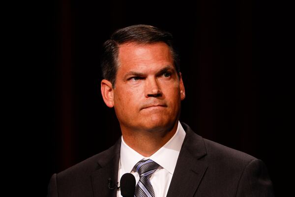 Democratic candidate for governor Geoff Duncan, who is a former Republican lieutenant governor, participates in the the Atlanta Press Club Loudermilk-Young debate at Georgia Public Broadcasting last week. (Arvin Temkar/AJC)