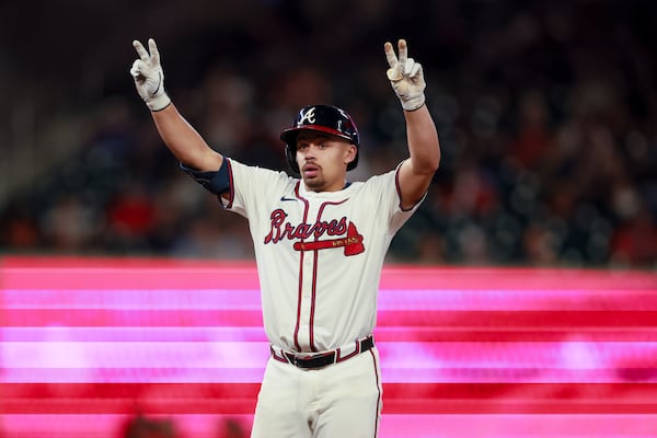 Braves catcher Drake Baldwin celebrates an eighth-inning double.