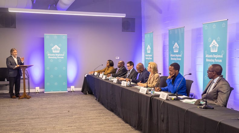 The Atlanta Regional Mayoral Forum, moderated by Bill Bolling, is centered around Atlanta's housing challenges and takes place in two parts Wednesday, Oct 6, 2021. The second group of candidates, shown here, include Kirsten Dunn, Nolan English, Mark Hammad, Kenny Hill, Rebecca King, Roosevelt Searles III, Richard Wright. Candidates in the first set of questions include Atlanta City Councilman Antonio Brown, councilman Andre Dickens, attorney Sharon Gay, council president Felicia Moore and former mayor Kasim Reed. (Jenni Girtman for The Atlanta Journal-Constitution)