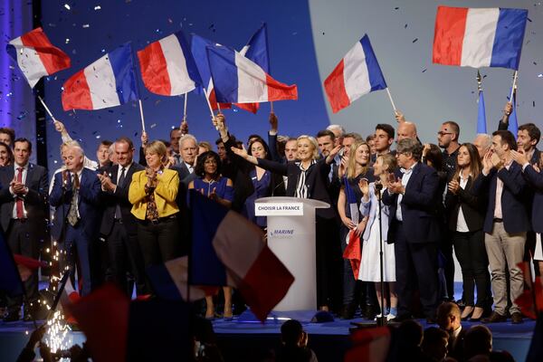 FILE - French far-right leader and presidential candidate Marine Le Pen addresses supporters during an election campaign rally in Nice, southern France, Thursday April 27, 2017. (AP Photo/Claude Paris, File)