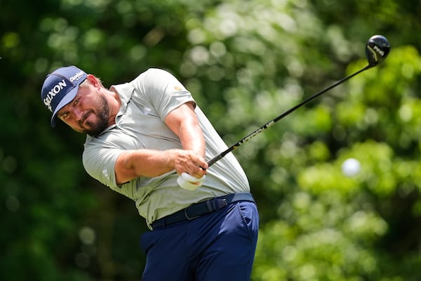 Andrew Novak hits of the 5th tee during the final round of the PGA Zurich Classic golf tournament at TPC Louisiana in Avondale, La., Sunday, April 27, 2025. (AP Photo/Gerald Herbert)