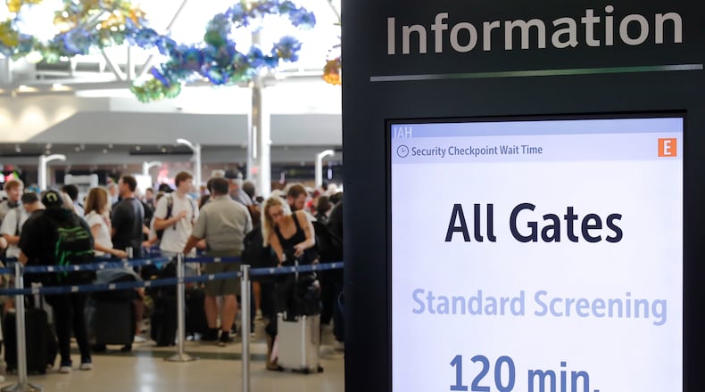 Air travelers endure long lines and two-hour wait times at the TSA security check point at Terminal E at the George Bush Intercontinental Airport Friday, March 20, 2026, in Houston. (AP Photo/Michael Wyke)