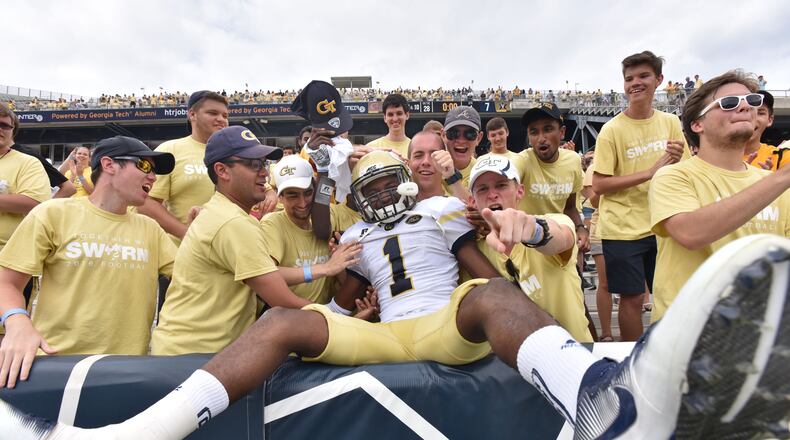 September 17, 2016 Atlanta - Georgia Tech Yellow Jackets running back Qua Searcy (1) celebrates with fans after Georgia Tech beat the Vanderbilt at Bobby Dodd Stadium on Saturday, September 17, 2016. Georgia Tech Yellow Jackets won 38-7 over the Vanderbilt Commodores. HYOSUB SHIN / HSHIN@AJC.COM
