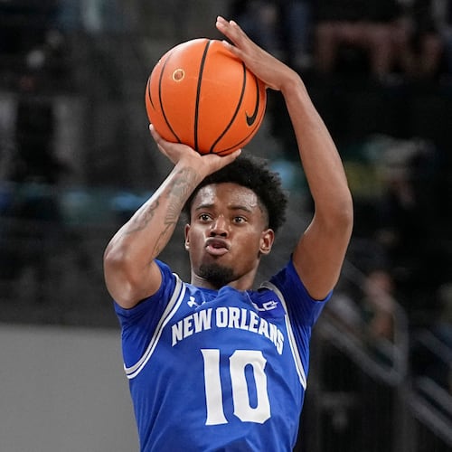 FILE - New Orleans guard Dae Dae Hunter shoots and sinks a 3-point basket in the second half of an NCAA college basketball game against Baylor, Nov. 27, 2024, in Waco, Texas. (AP Photo/Tony Gutierrez)