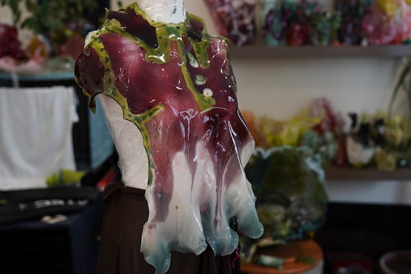 A piece by fashion designer Caroline Zimbalist is displayed on Friday, June 6, 2025, in the Queens borough of New York. (AP Photo/Mary Conlon)