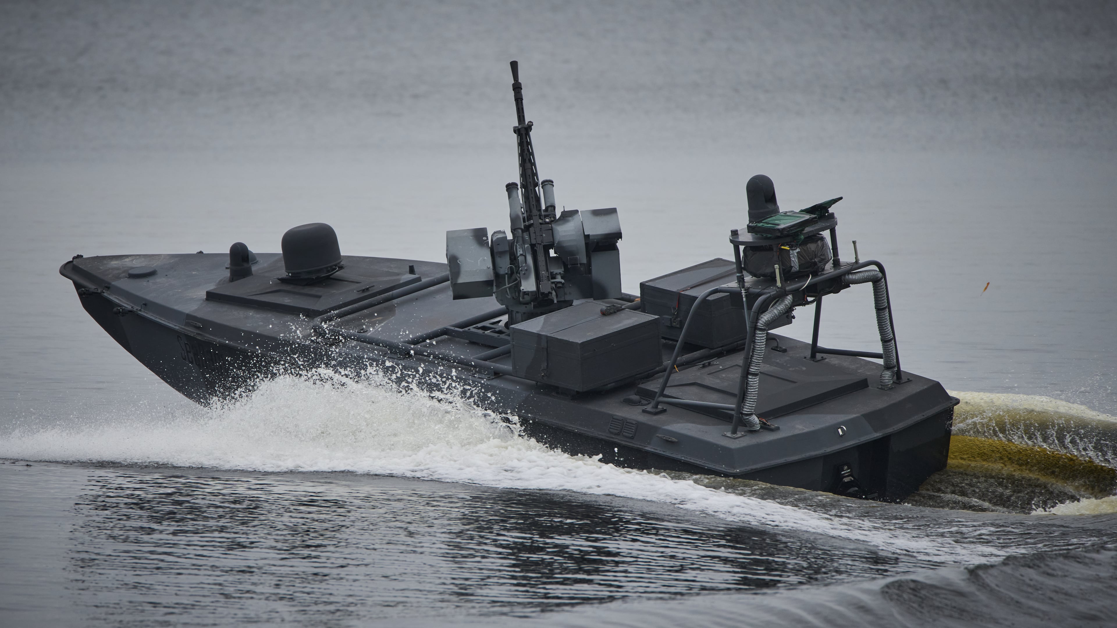 A Sea Baby drone rides on the water during a demonstration by Ukraine's Security Service in an undisclosed location in Ukraine Friday, Oct. 17, 2025. (AP Photo/Efrem Lukatsky)