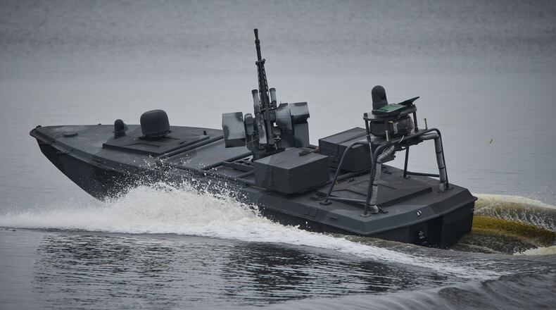 A Sea Baby drone rides on the water during a demonstration by Ukraine's Security Service in an undisclosed location in Ukraine Friday, Oct. 17, 2025. (AP Photo/Efrem Lukatsky)