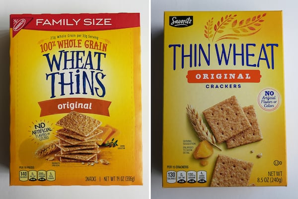 This combo of images shows, Mondelez's Wheat Thins, left, and, Aldi’s Thin Wheat, Thursday, May 29, 2025, in Glenview, Ill. (AP Photos/Nam Y. Huh)