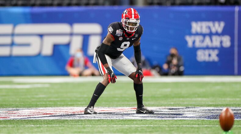 Georgia defensive back Ameer Speed (9) prepares for his roles on the Bulldogs' kickoff return team during the Chick-fil-A Peach Bowl at Mercedes-Benz Stadium in Atlanta, Ga., on New Year’s Day, Jan. 1, 2021. (Photo by Chamberlain Smith/UGA Athletics)