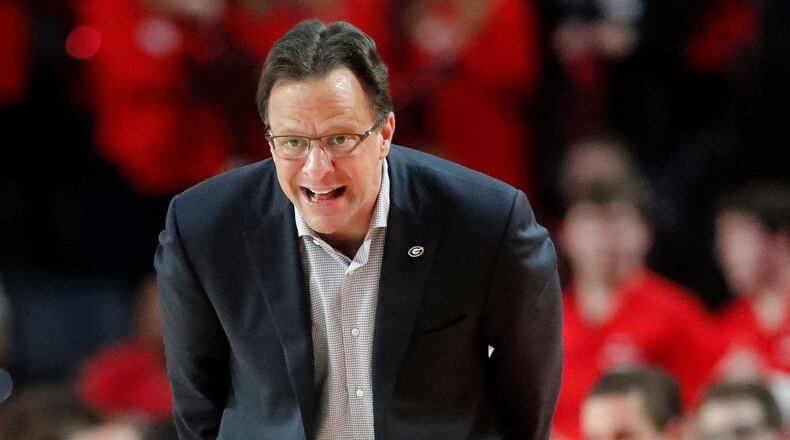 Georgia head coach Tom Crean directs his team from the sideline during the second half of an NCAA college basketball game against Kentucky Tuesday, Jan. 15, 2019, in Athens, Ga. Kentucky won 69-49. (AP Photo/John Bazemore)