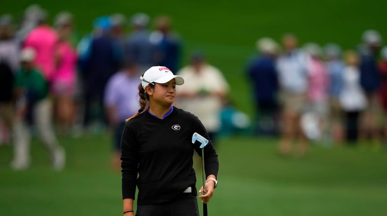 Jenny Bae reacts after a putt on the sixth hole during the final round of the Augusta National Women's Amateur golf tournament, Saturday, April 1, 2023, in Augusta, Ga. (AP Photo/Matt Slocum)