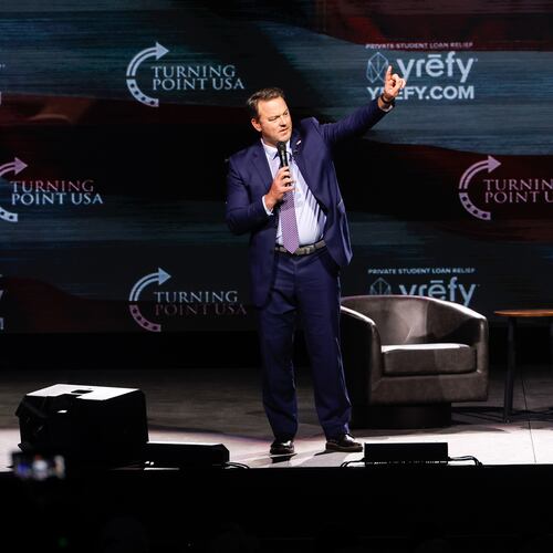 Lt. Gov. Burt Jones speaks at a Turning Point USA event that featured Vice President JD Vance at Akins Ford Arena in Athens on Tuesday, April 14, 2026. (Arvin Temkar/AJC)