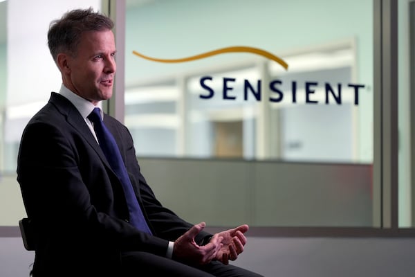 Sensient Technologies CEO Paul Manning speaks during an interview at a production facility for the color additive manufacturing company, in St. Louis., on Wednesday, April 2, 2025. (AP Photo/Jeff Roberson)