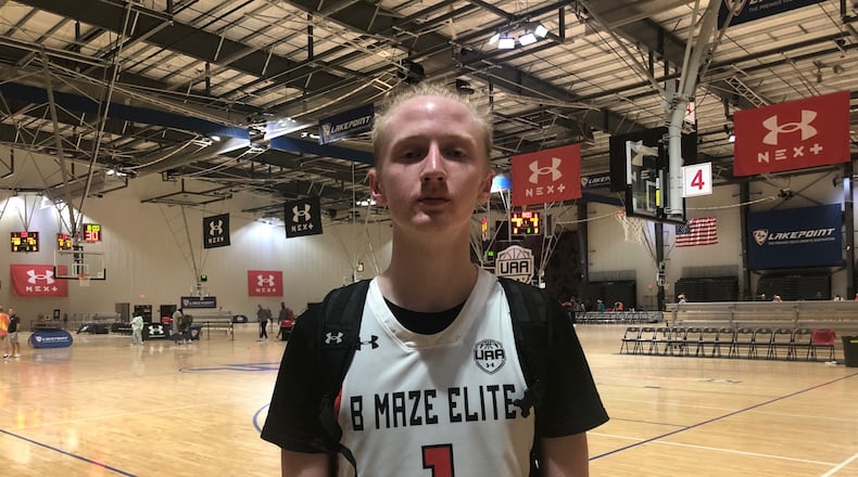 Blue Cain poses for a photo at the LakePoint Sports gymnasium in Cartersville July 7, 2022. Cain, who plays for the B. Maze Elite AAU team, committed to Georgia Tech June 9, 2022. (AJC photo by Ken Sugiura)