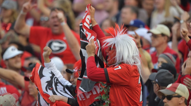 Georgia fans celebrate their victory over Oklahoma at the  Rose Bowl Monday, Jan. 1, 2018, in Pasadena, Calif.