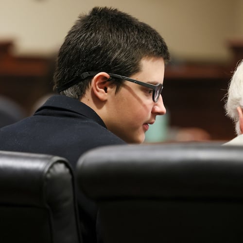 Colt Gray, the 16-year-old Apalachee High School shooting suspect, talks with his defense attorney Charlton Allen during his sentencing at Barrow County Superior Court, Monday, July 27, 2026, in Winder, Ga. (Jason Getz/Atlanta Journal-Constitution via AP, Pool)