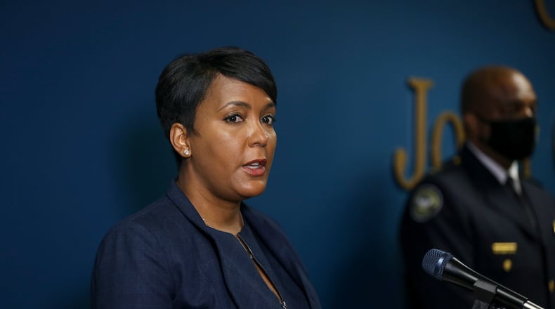 Atlanta Mayor Keisha Lance Bottoms speaks at a press conference at the Atlanta Public Safety Headquarters on Tuesday, May 4, 2021. (Rebecca Wright for the Atlanta Journal-Constitution)