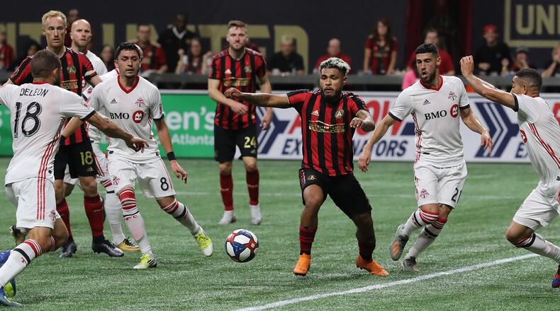 October 30, 2019 Atlanta: Atlanta United forward Josef Martinez battles against Toronto FC defenders in front of the Toronto FC goal during the second half in the Eastern Conference Final on Wednesday, October 30, 2019, in Atlanta.   Curtis Compton/ccompton@ajc.com