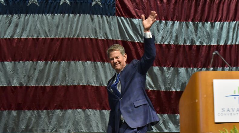Gov. Brian Kemp, shown leaving the Georgia GOP convention on Saturday, gave a defense at that gathering of the state’s new anti-abortion “heartbeat” law in the face of opposition from the film industry, a big spender in Georgia. “We value and protect innocent life — even though that makes C-list celebrities squawk,” Kemp said then. On Wednesday, after canceling a trip to Los Angeles when there was talk he’d be greeted by protests, he toured Pinewood Studios in Fayette County and the state-financed Georgia Film Academy to thank executives for their investments in the state. HYOSUB SHIN / HSHIN@AJC.COM