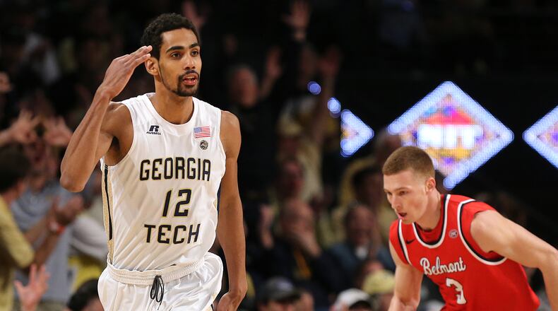 March 19, 2017, Atlanta: Georgia Tech forward Quinton Stephens salutes after making a three pointer against Belmont guard Dylan Windler during the first half in their NIT tournament round two NCAA basketball game on Sunday, March 19, 2017, in Atlanta. Curtis Compton/ccompton@ajc.com