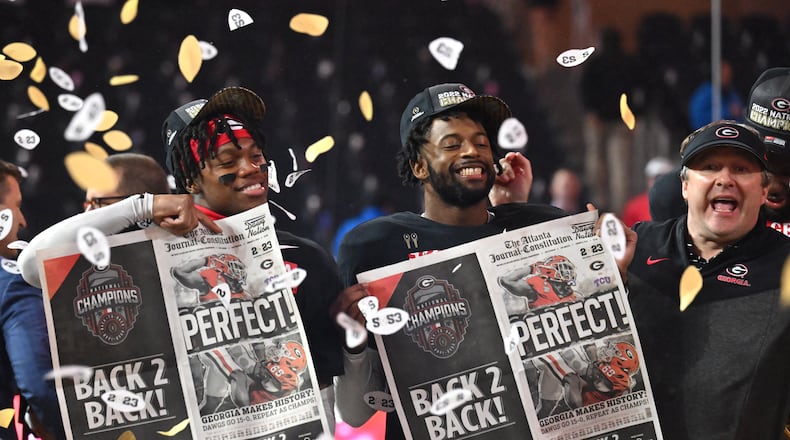 Georgia players celebrate their victory during the 2023 College Football Playoff National Championship game against TCU at SoFi Stadium, Monday, Jan. 9, 2023, in Inglewood, California. (Hyosub Shin / Hyosub.Shin@ajc.com)