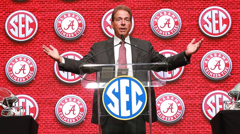 July 18, 2018 Atlanta: Alabama head coach Nick Saban holds his SEC Media Days press conference at the College Football Hall of Fame on Wednesday, July 18, 2018, in Atlanta.     Curtis Compton/ccompton@ajc.com