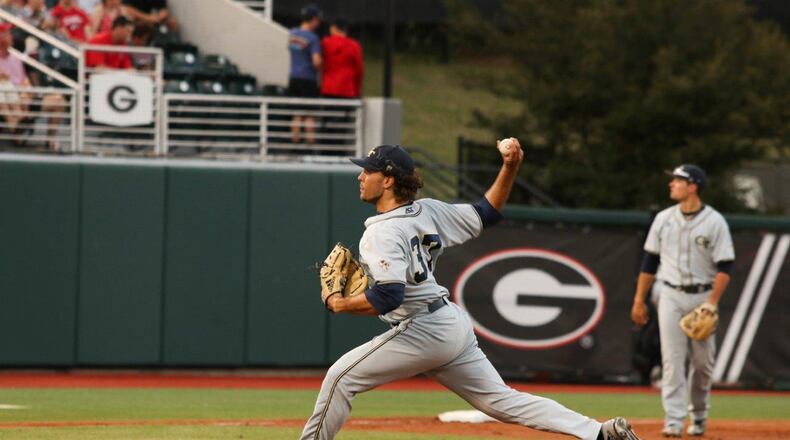 Georgia Tech pitcher Keyton Gibson pitched four innings of one-run relief in the Yellow Jackets’ 5-1 loss to Georgia Tuesday, April 11, 2017, in Athens. (Cory Cole/Georgia Sports Communications)
