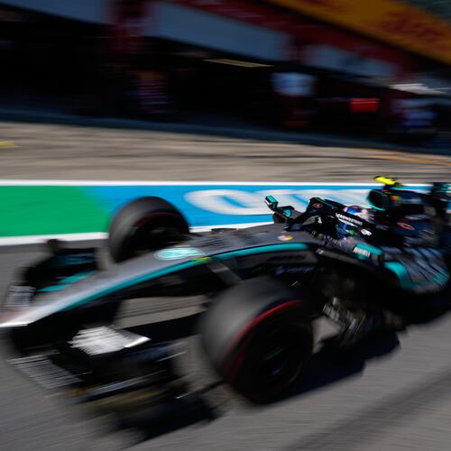 Mercedes driver George Russell of Britain steers his car during the qualifying session ahead of the Austrian F1 Grand Prix, in Spielberg, Austria, Saturday, June 27, 2026. (AP Photo/Darko Bandic/Pool)