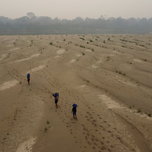 FILE - Residents transport drinking water from Humaita to the Paraizinho community, along the dry Madeira River, a tributary of the Amazon River, during the dry season, Amazonas state, Brazil, Sept. 8, 2024. (AP Photo/Edmar Barros, File)