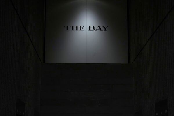 Branding is seen at the Hudson's Bay store in Toronto, Monday, March 10, 2025. (Chris Young/The Canadian Press via AP)