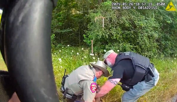 This image from video taken by Huntsville Police Department shows the arrest of two New Orleans inmates who were on the run since their May 16, 2025, jailbreak. (Huntsville Police Department via AP)