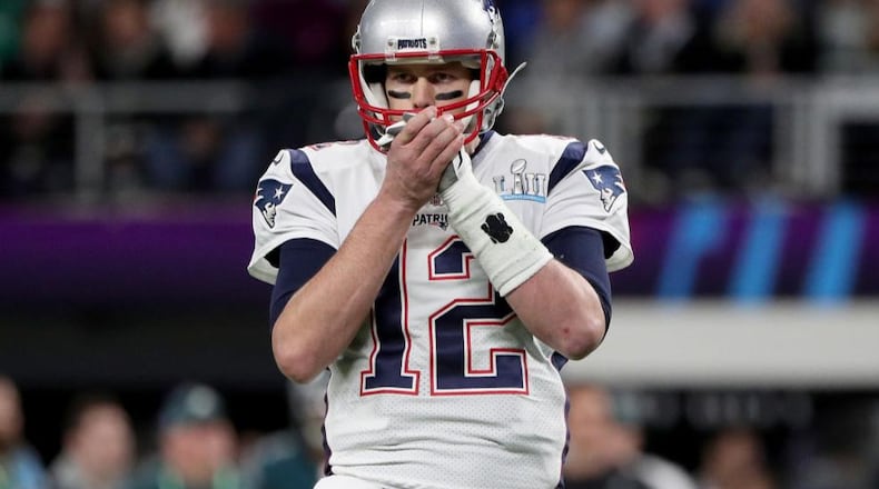 MINNEAPOLIS, MN - FEBRUARY 04: Tom Brady #12 of the New England Patriots reacts against the Philadelphia Eagles during the first quarter in Super Bowl LII at U.S. Bank Stadium on February 4, 2018 in Minneapolis, Minnesota. (Photo by Patrick Smith/Getty Images)