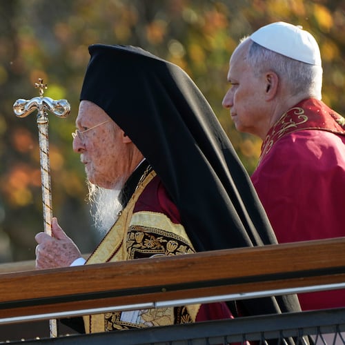 Pope Leo XIV and the Ecumenical Patriarch Bartholomew I, left, lead an Ecumenical prayer service near the archaeological excavations of the ancient Basilica of Saint Neophytos, in Iznik, Turkey, Friday, Nov. 28, 2025. (AP Photo/Domenico Stinellis)