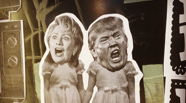 Street Art that pokes fun of the 2016 election by imagining presidential candidates Hillary Clinton and Donald Trump as the frightening twins in the 1980 thriller, The Shining.