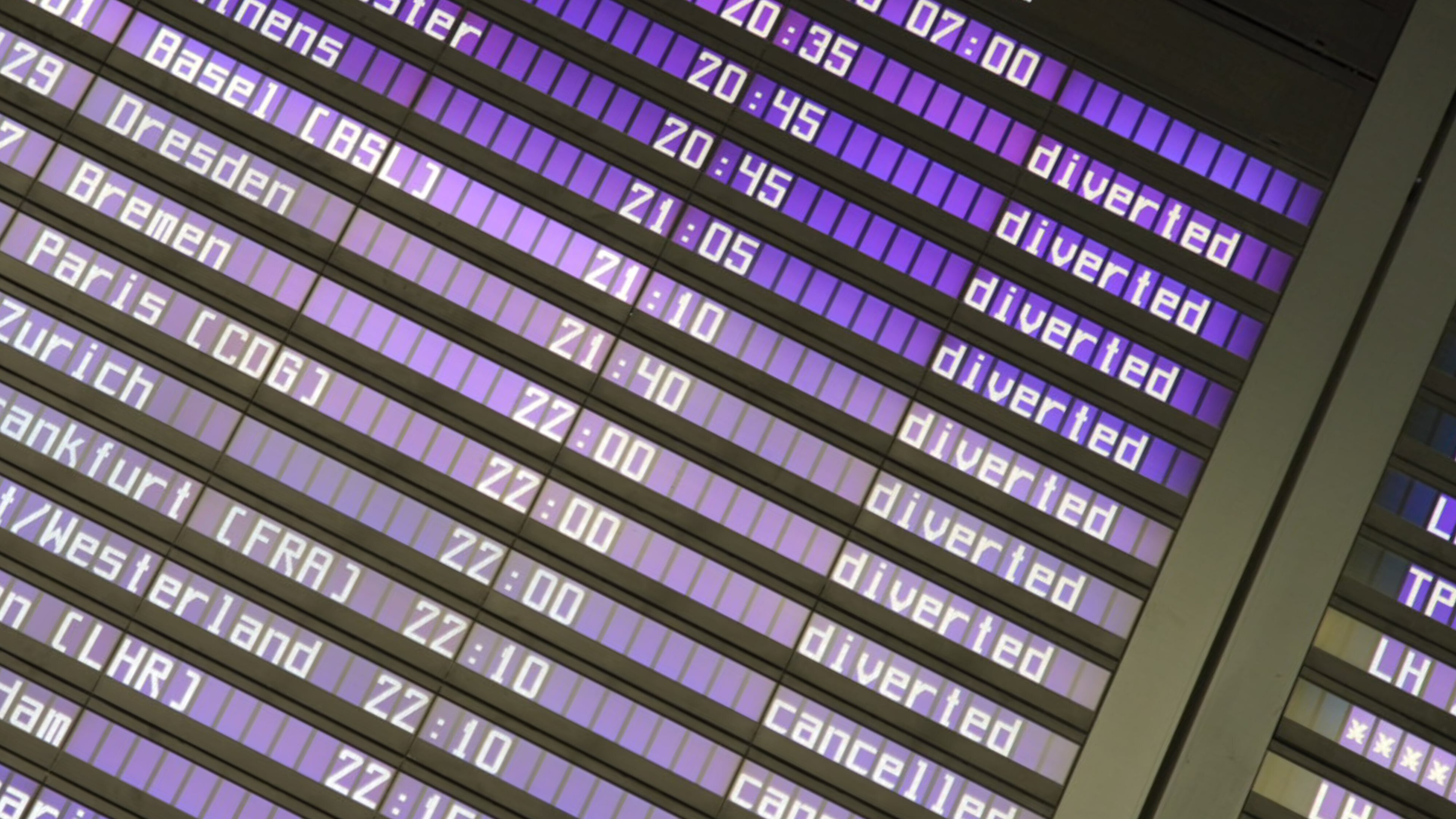 Screens at the Munich Airport show diverted and canceled flights after the airport suspended operations due to possible new drone sightings Friday, Oct. 3, 2025, in Munich. (Enrique Kaczor/dpa via AP)