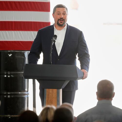 FILE - Cody Campbell, the co-CEO of Double Eagle Energy, introduces President Donald Trump at a Double Eagle Energy oil rig, July 29, 2020, in Midland, Texas. (AP Photo/Tony Gutierrez, File)
