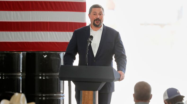 FILE - Cody Campbell, the co-CEO of Double Eagle Energy, introduces President Donald Trump at a Double Eagle Energy oil rig, July 29, 2020, in Midland, Texas. (AP Photo/Tony Gutierrez, File)