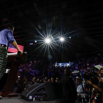 U.S. Sen. Jon Ossoff is seen at the start of a campaign rally at the Center Stage Theater in Atlanta last month. (Miguel Martinez/AJC)