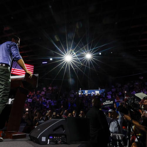U.S. Sen. Jon Ossoff is seen at the start of a campaign rally at the Center Stage Theater in Atlanta last month. (Miguel Martinez/AJC)