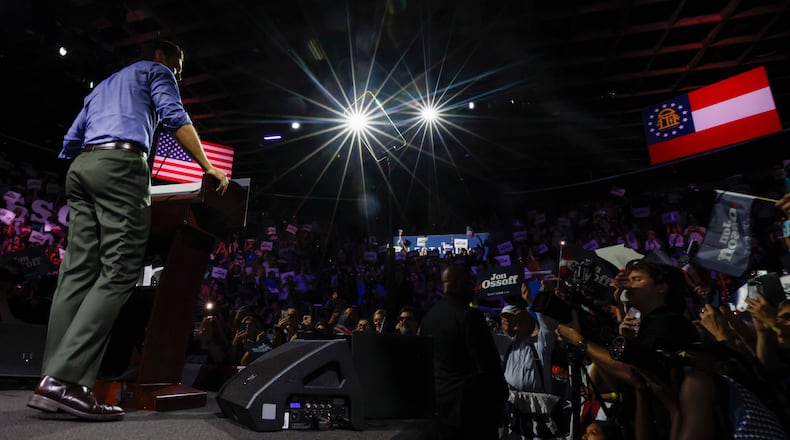 U.S. Sen. Jon Ossoff is seen at the start of a campaign rally at the Center Stage Theater in Atlanta last month. (Miguel Martinez/AJC)